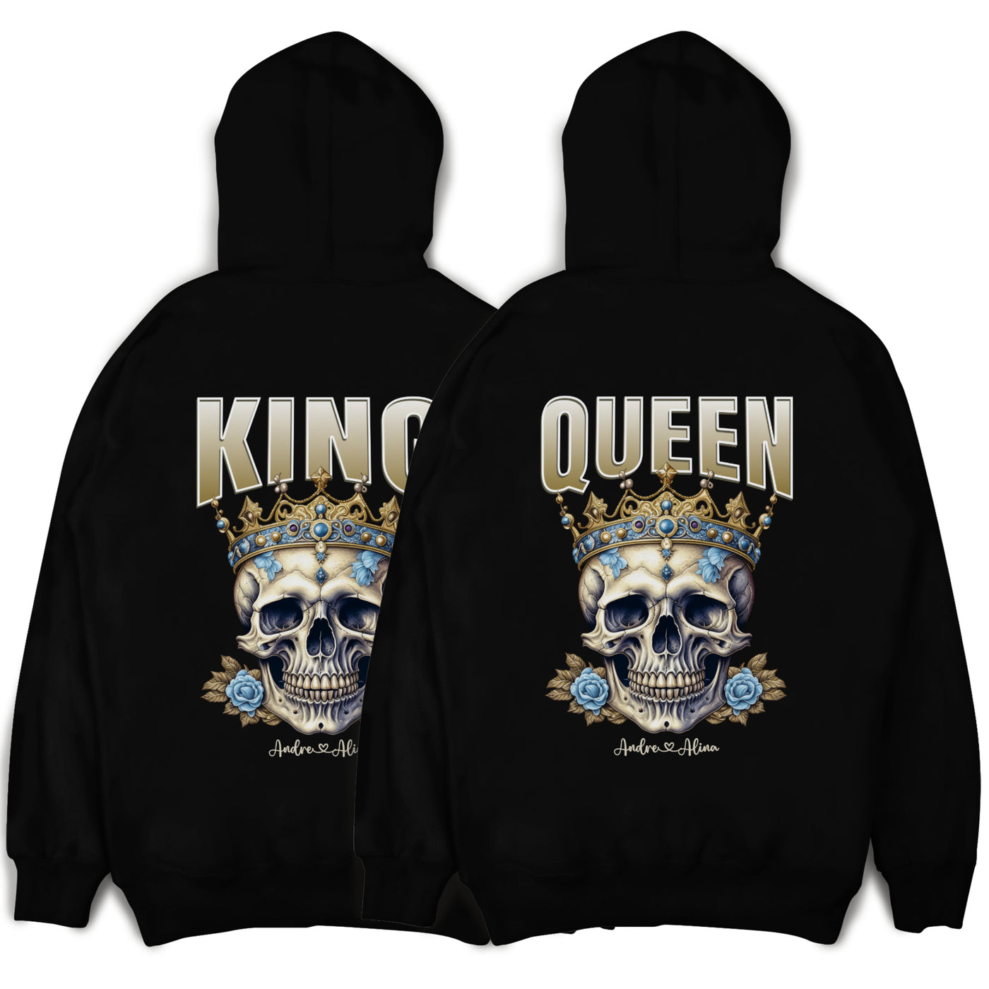 King Queen Hoodie personalisiert mit Namen oder Datum - Pärchen Pullover mit Totenkopf im Set für Valentinstag und Weihnachten