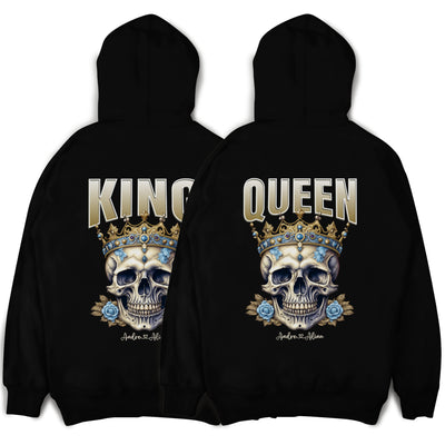 King Queen Hoodie personalisiert mit Namen oder Datum - Pärchen Pullover mit Totenkopf im Set für Valentinstag und Weihnachten