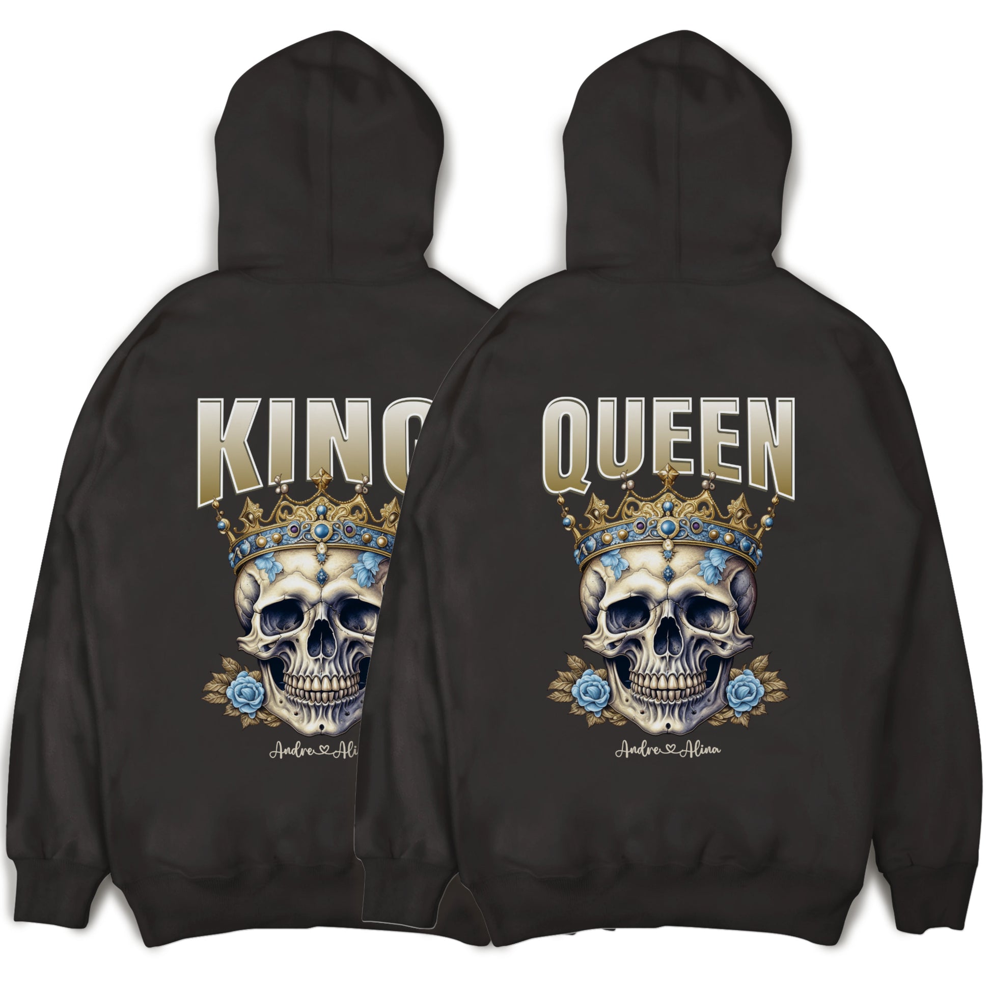 King Queen Hoodie personalisiert mit Namen oder Datum - Pärchen Pullover mit Totenkopf im Set für Valentinstag und Weihnachten