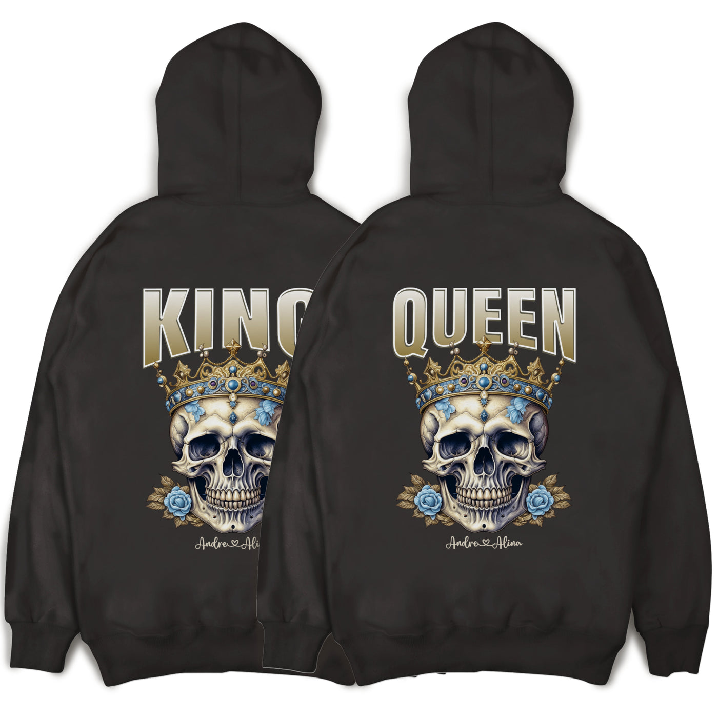King Queen Hoodie personalisiert mit Namen oder Datum - Pärchen Pullover mit Totenkopf im Set für Valentinstag und Weihnachten
