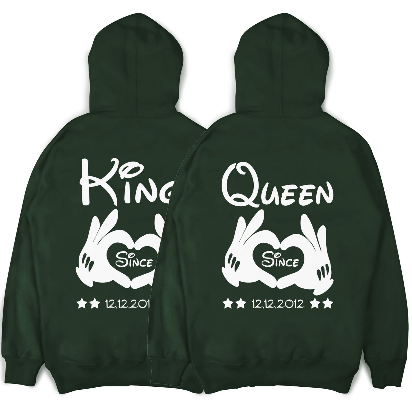 KING und QUEEN Hoodies mit Händen und Wunschdatum Pärchenpullis im SET