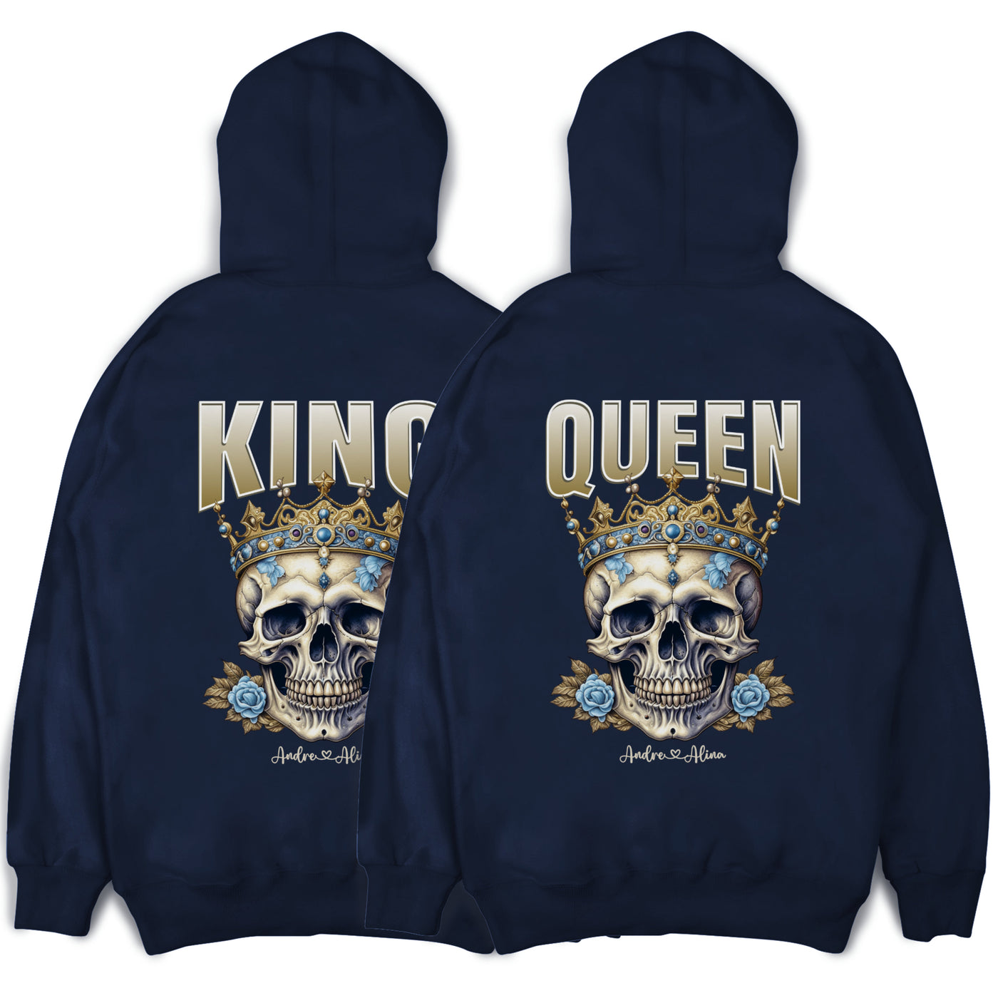 King Queen Hoodie personalisiert mit Namen oder Datum - Pärchen Pullover mit Totenkopf im Set für Valentinstag und Weihnachten