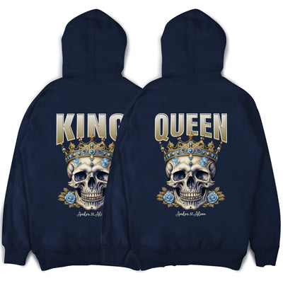 King Queen Hoodie personalisiert mit Namen oder Datum - Pärchen Pullover mit Totenkopf im Set für Valentinstag und Weihnachten