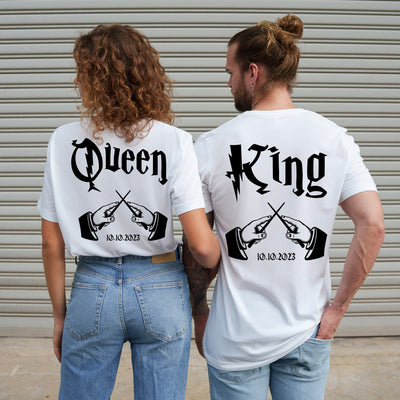 King Queen Shirts mit Wunschdatum Pärchen Shirts für Paare Geschenk zum Valentinstag oder Verlobungsgeschenk King & Queen Shirts Zauberstab