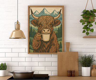 Highland Kuh trinkt Kaffee - Boho Poster Deko - Esszimmer Poster - Küchen Deko Print - Geschenk Kaffeeliebhaber - Moderne Wohndekoration