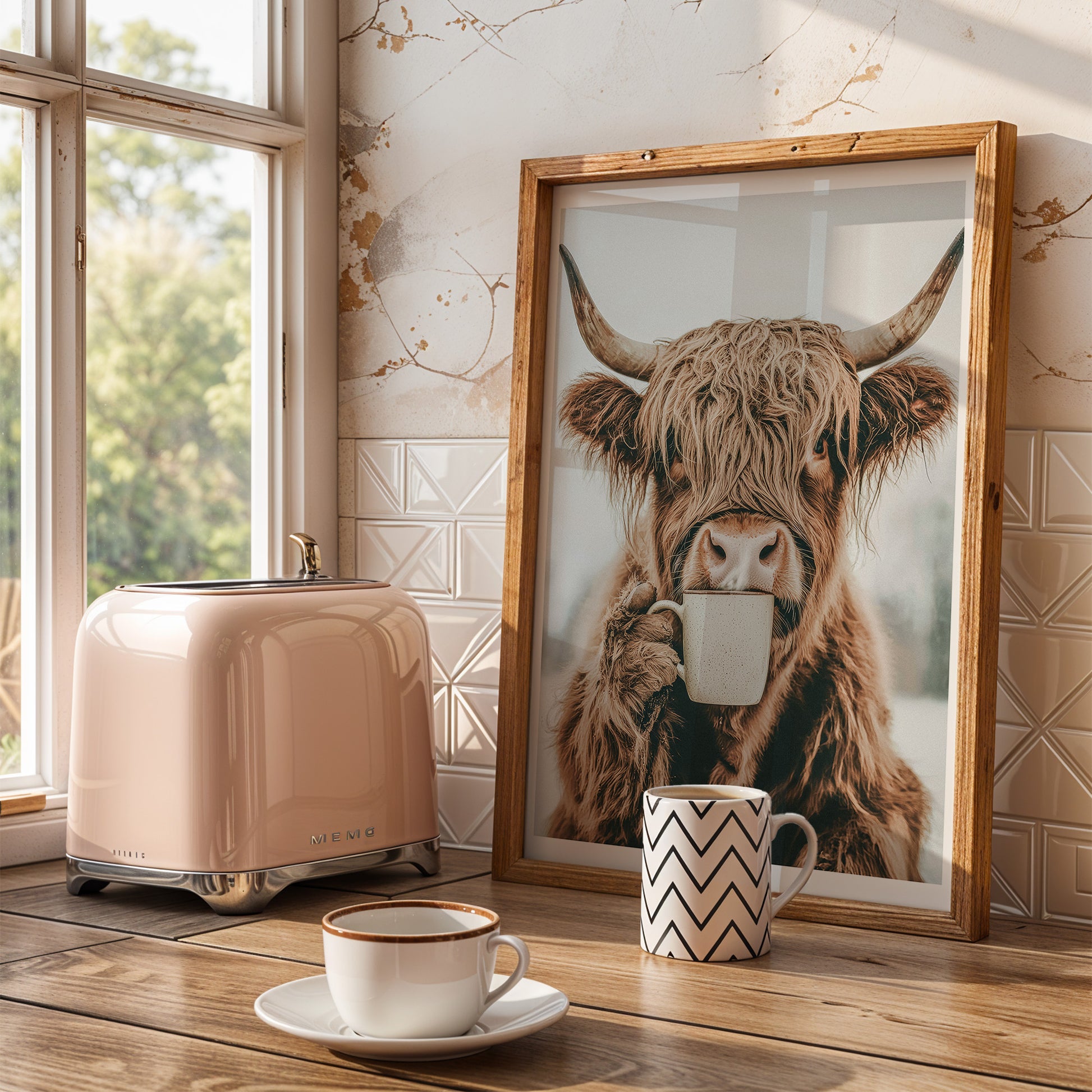 Küchen Prints Kaffeeposter Highland Kuh Trinkt Kaffee Esszimmer Bild Küchen Poster Küchen Deko Wand Kaffee Geschenk Umzug Highland Cow