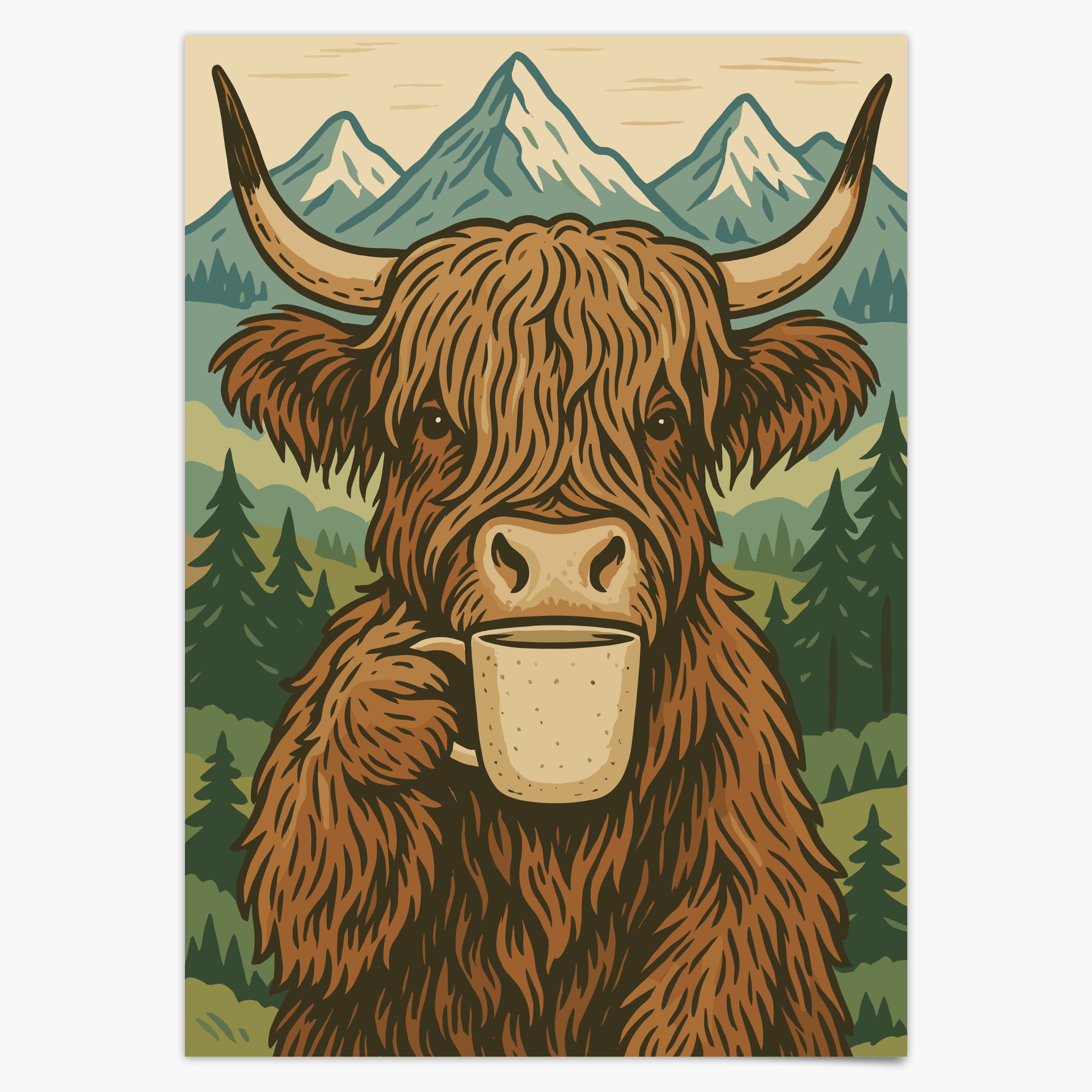 Highland Kuh trinkt Kaffee - Boho Poster Deko - Esszimmer Poster - Küchen Deko Print - Geschenk Kaffeeliebhaber - Moderne Wohndekoration