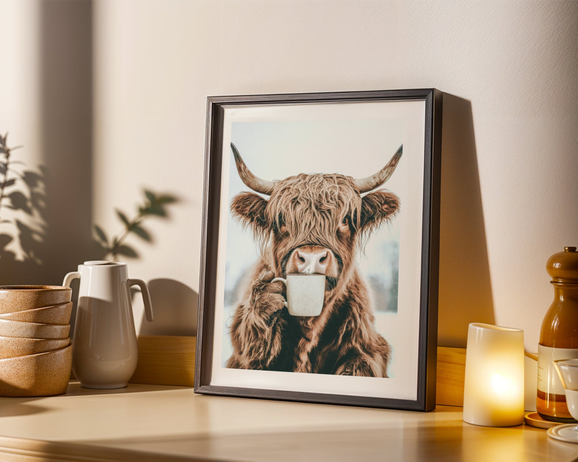 Küchen Prints Kaffeeposter Highland Kuh Trinkt Kaffee Esszimmer Bild Küchen Poster Küchen Deko Wand Kaffee Geschenk Umzug Highland Cow