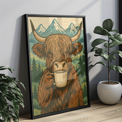 Highland Kuh trinkt Kaffee - Boho Poster Deko - Esszimmer Poster - Küchen Deko Print - Geschenk Kaffeeliebhaber - Moderne Wohndekoration