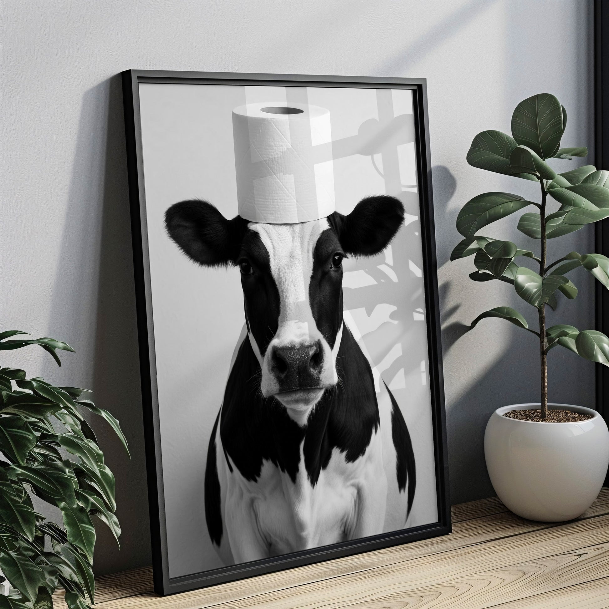 Geschenk zum Hauskauf - Badezimmer Poster Kuh mit Klopapierrolle auf dem Kopf
