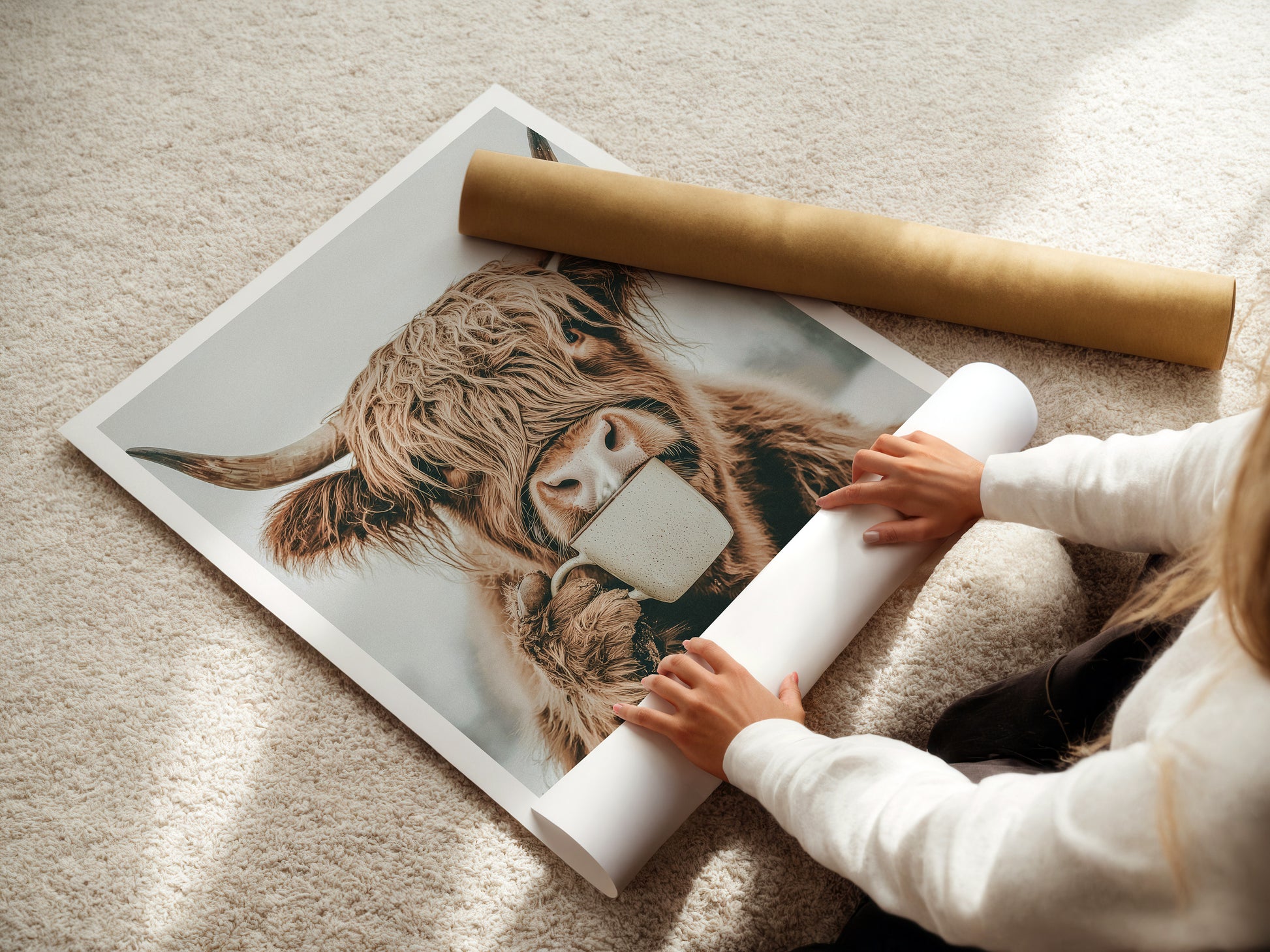 Küchen Prints Kaffeeposter Highland Kuh Trinkt Kaffee Esszimmer Bild Küchen Poster Küchen Deko Wand Kaffee Geschenk Umzug Highland Cow
