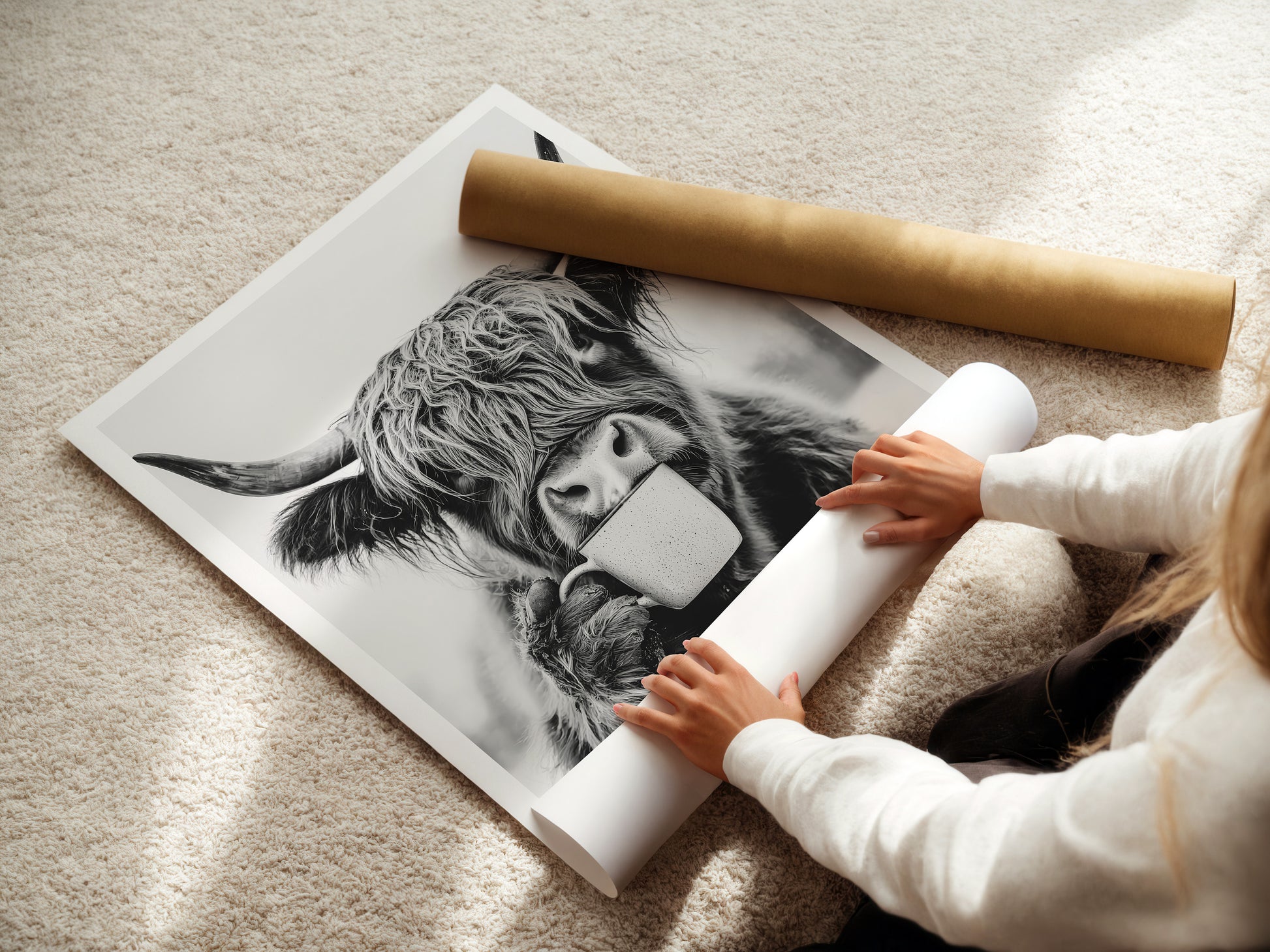 Kuh trinkt Kaffee Poster - Küchenbild Schwarz Weiß - Highland Kuh Esszimmer Bild