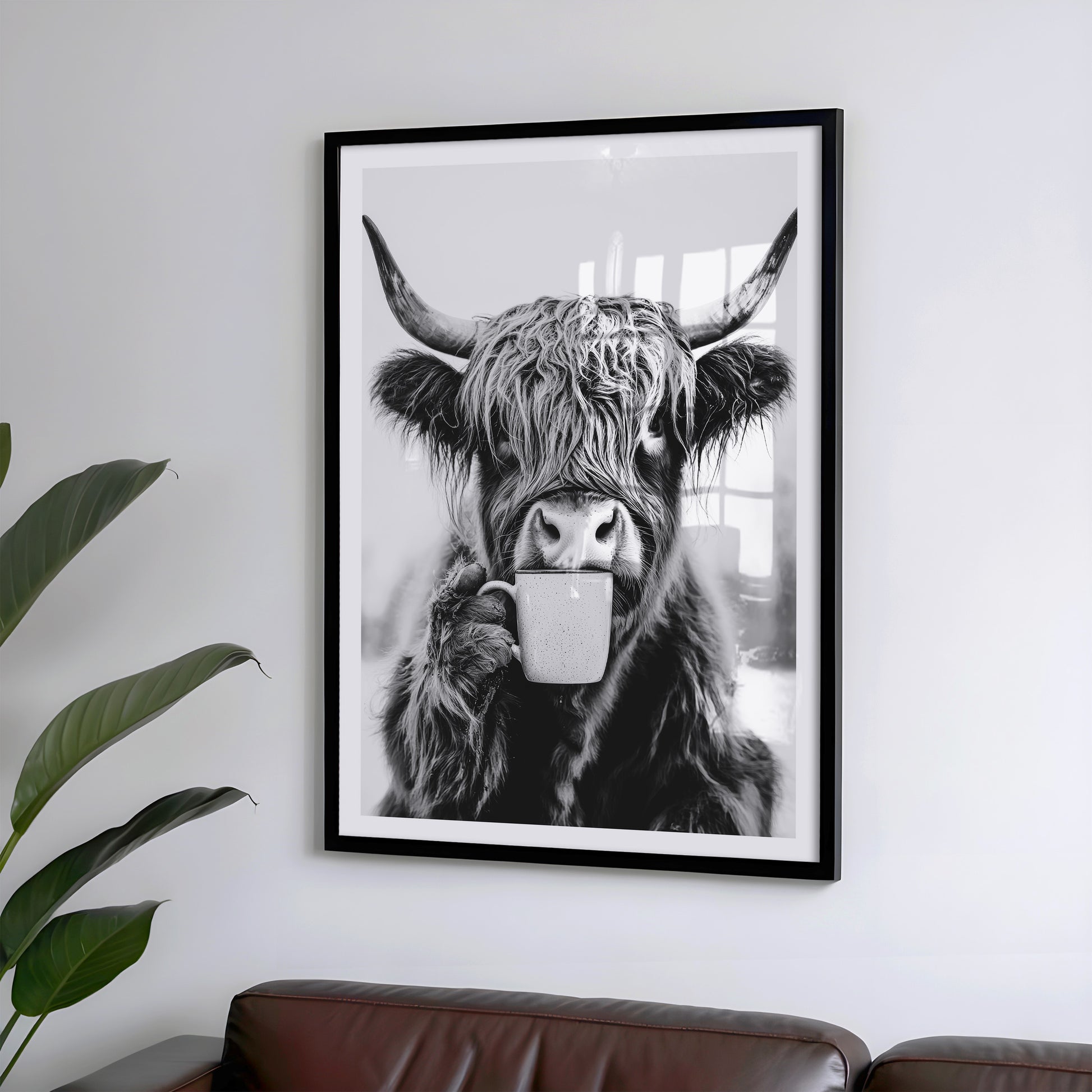 Kuh trinkt Kaffee Poster - Küchenbild Schwarz Weiß - Highland Kuh Esszimmer Bild
