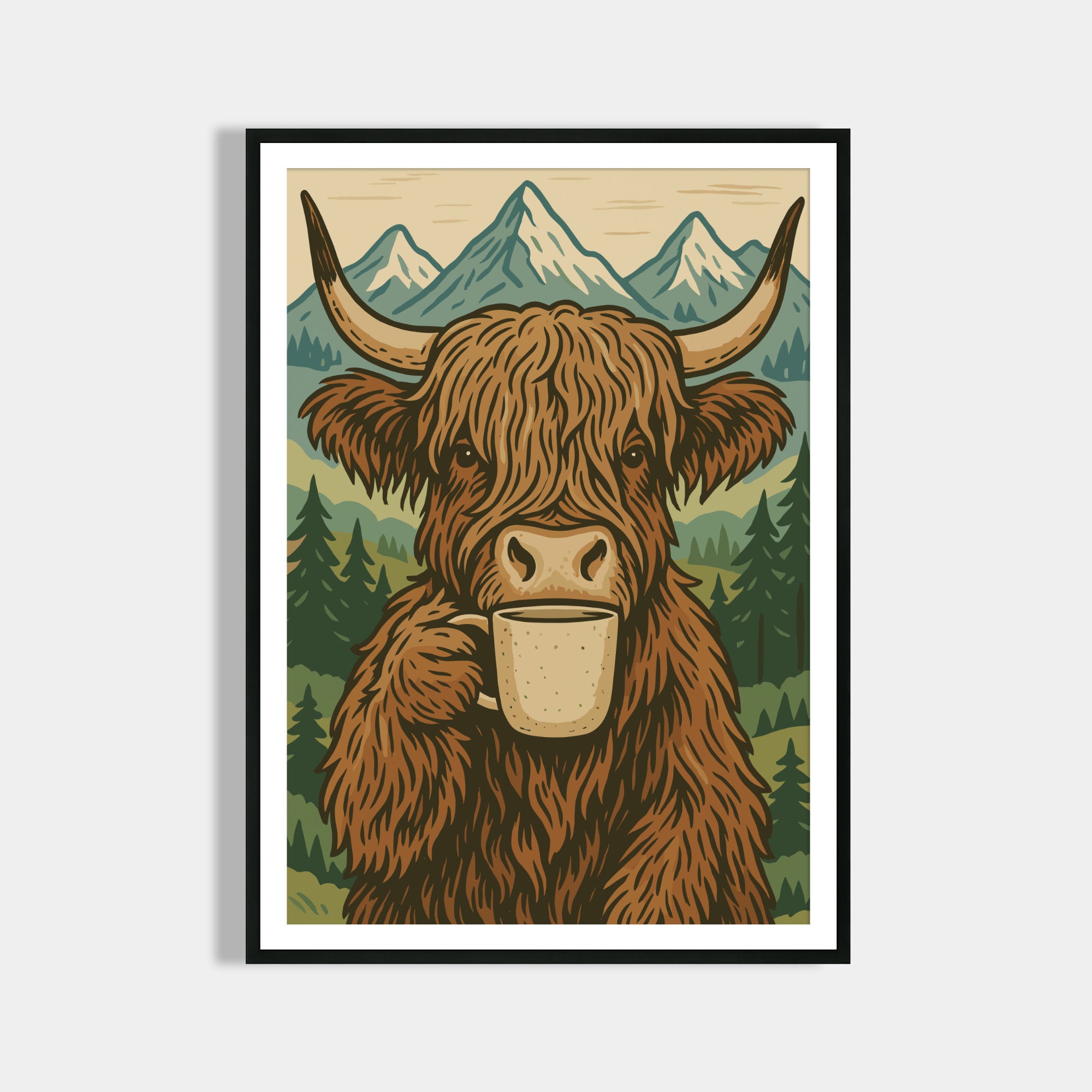 Highland Kuh trinkt Kaffee - Boho Poster Deko - Esszimmer Poster - Küchen Deko Print - Geschenk Kaffeeliebhaber - Moderne Wohndekoration