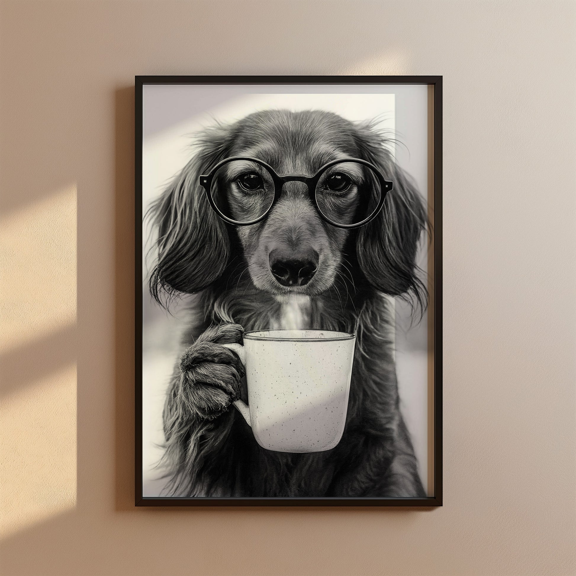 Langhaardackel trinkt Kaffee Poster Küche und Esszimmer Bild