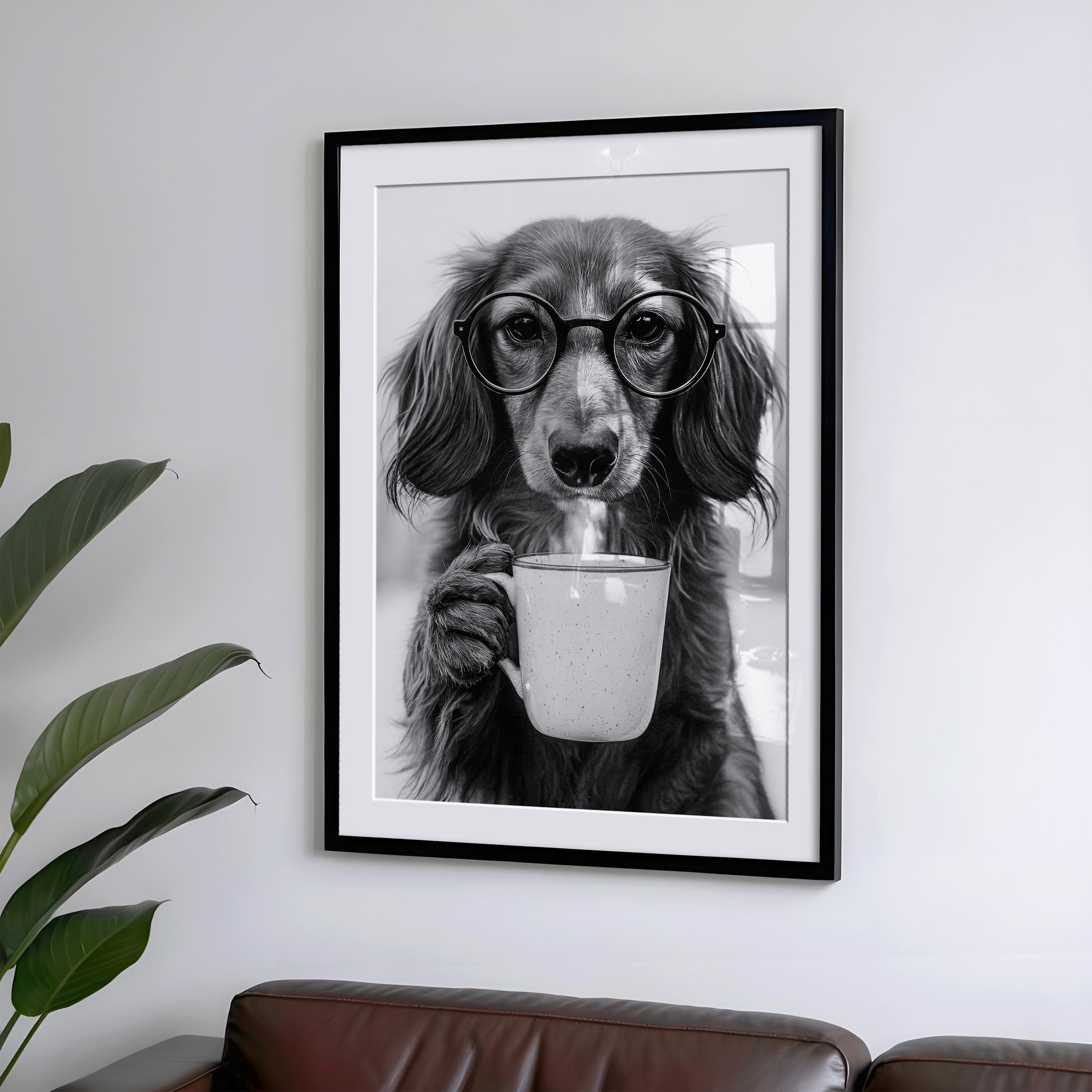 Langhaardackel trinkt Kaffee Poster Küche und Esszimmer Bild