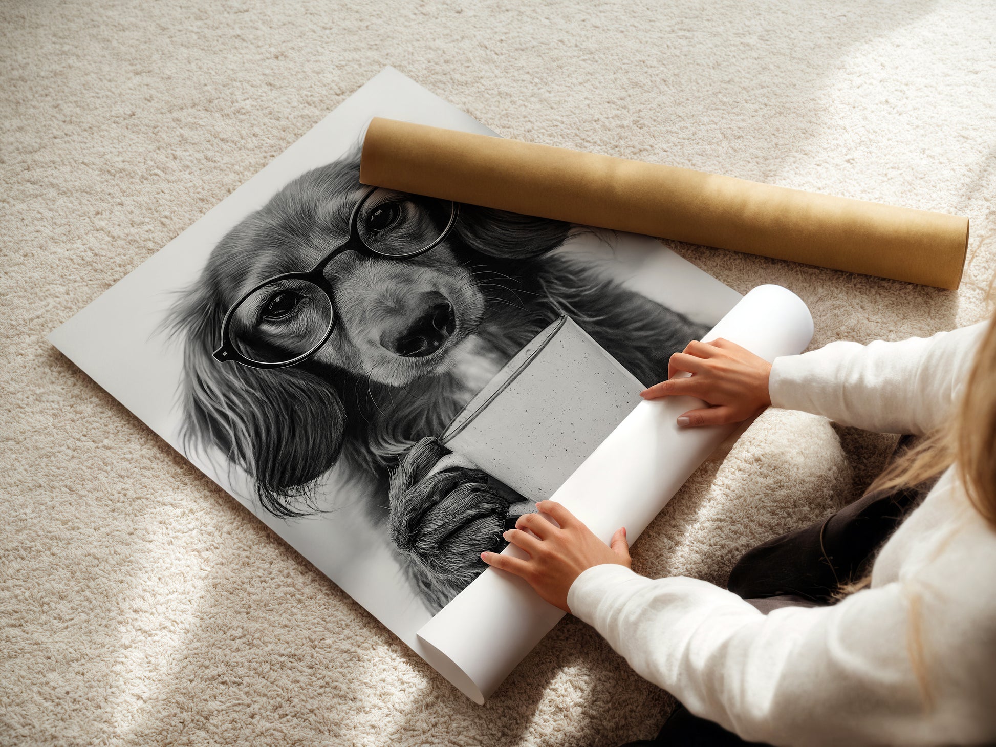 Langhaardackel trinkt Kaffee Poster Küche und Esszimmer Bild
