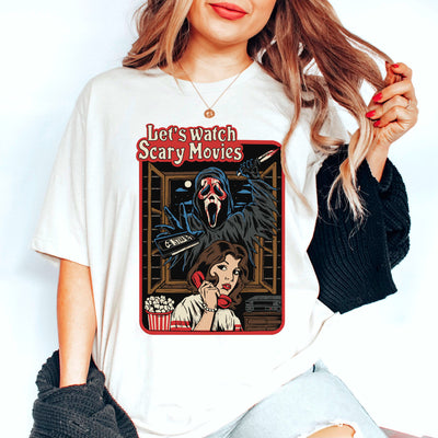 Lets Watch Scary Movies Shirt Halloween T-Shirt Scream Horror Vintage Shirt Ghostface Unisex Shirt Parodie Fun Satire