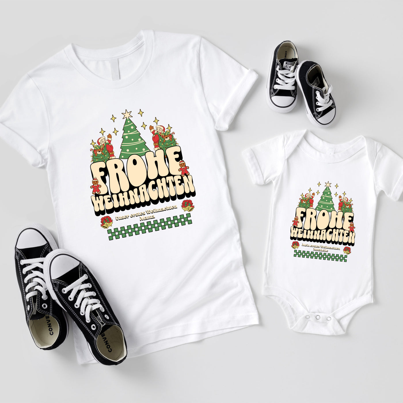 Familie im Partnerlook - Unser erstes Weihnachten Shirts Familienoutfit Festlich - Papa Babybody personalisiert T-Shirts Mama Tochter Outfit