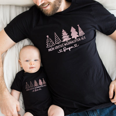 Familienoutfit Weihnachten Unser erstes Weihnachten Mama Papa Mini Shirts Tannenbäume Babybody bedruckt Weihnachtsoutfit Familie