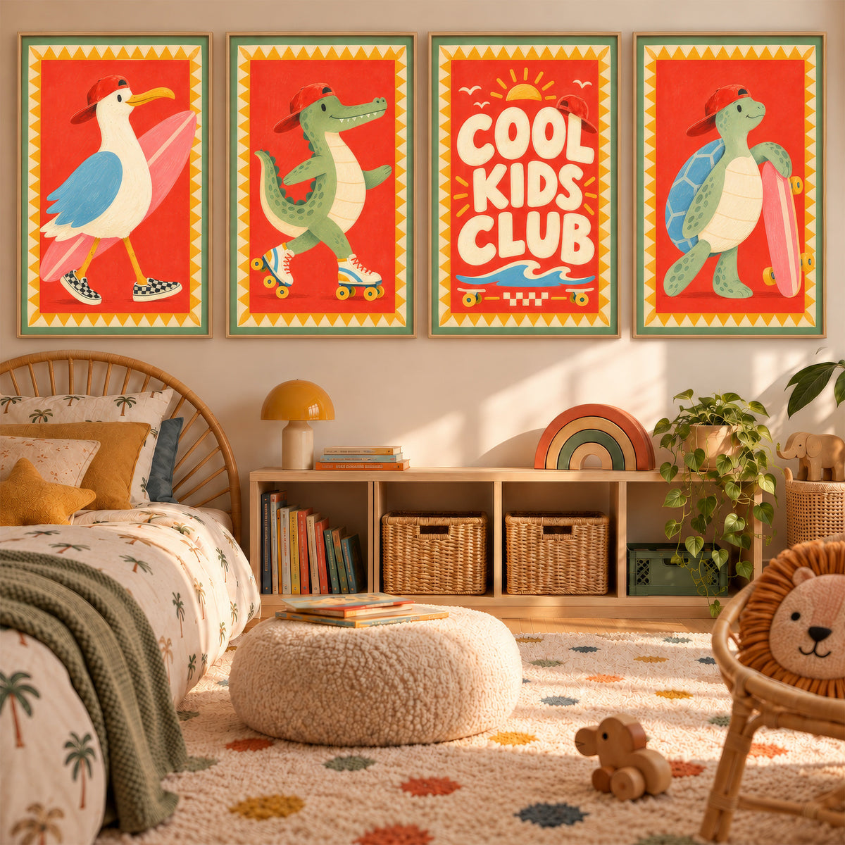 Kinderzimmer Poster Set Retro Bilder Tiere, Möwe Krokodil Schildkröte, Cool Kids Club Babyzimmer Deko Geschenk zur Geburt einzeln oder Set
