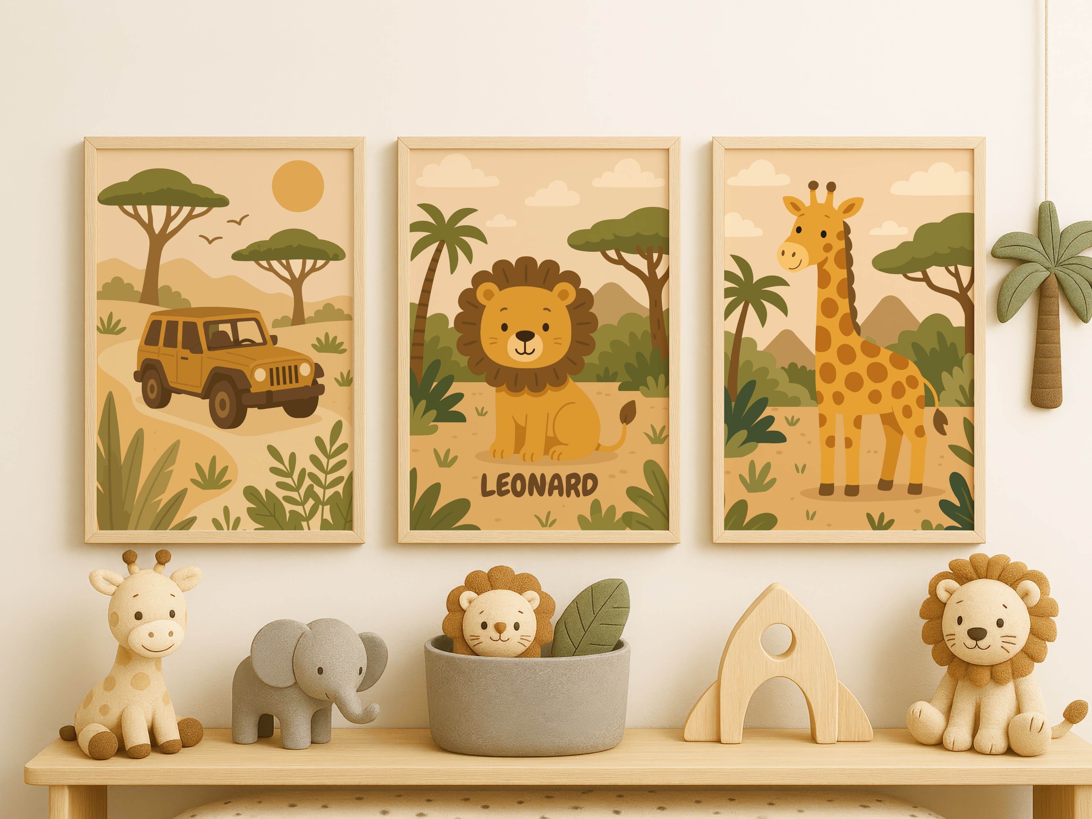 Safari Poster Personalisiert mit Namen für Kinderzimmer, Bilder Löwe, Giraffe, Geländewagen, Hakuna Matata - Einzeln oder als SET