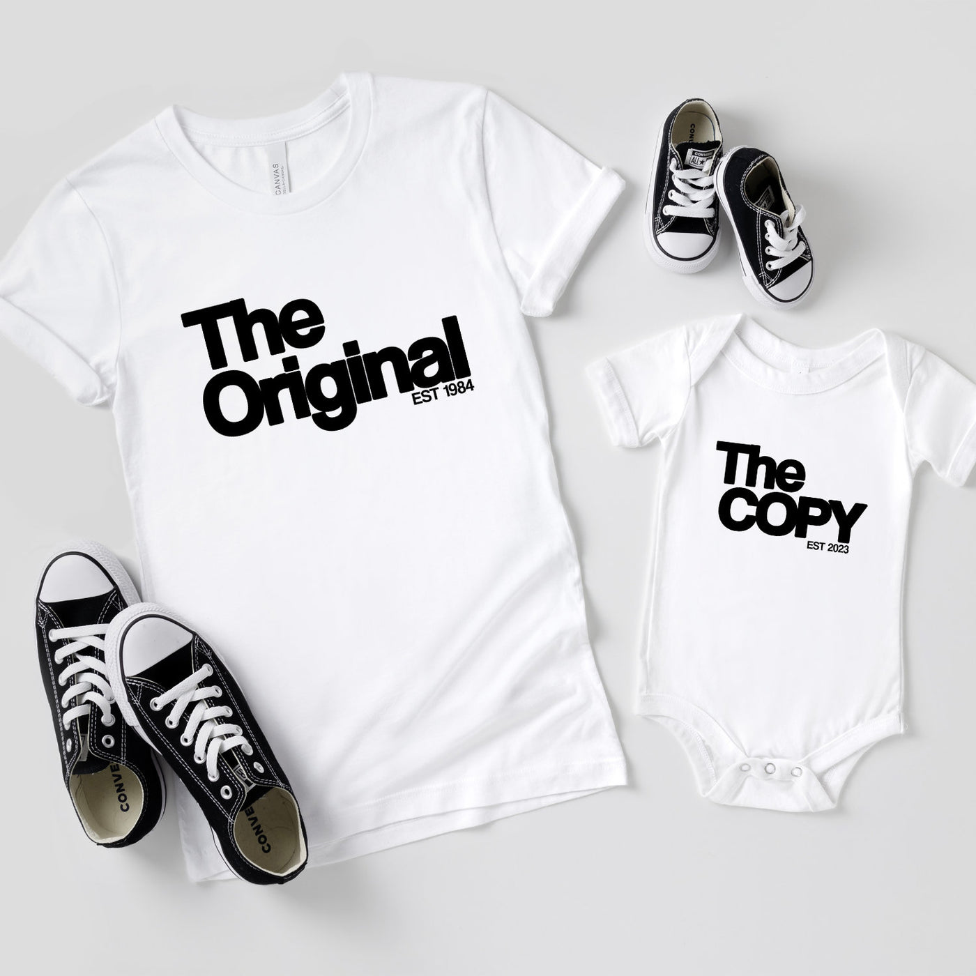 The Original The Copy Shirts im SET Vater Sohn Shirts Baby Geschenk Eltern Vatertag Vater Sohn Partnerlook Babybody bedruckt personalisiert