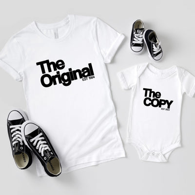 The Original The Copy Shirts im SET Vater Sohn Shirts Baby Geschenk Eltern Vatertag Vater Sohn Partnerlook Babybody bedruckt personalisiert