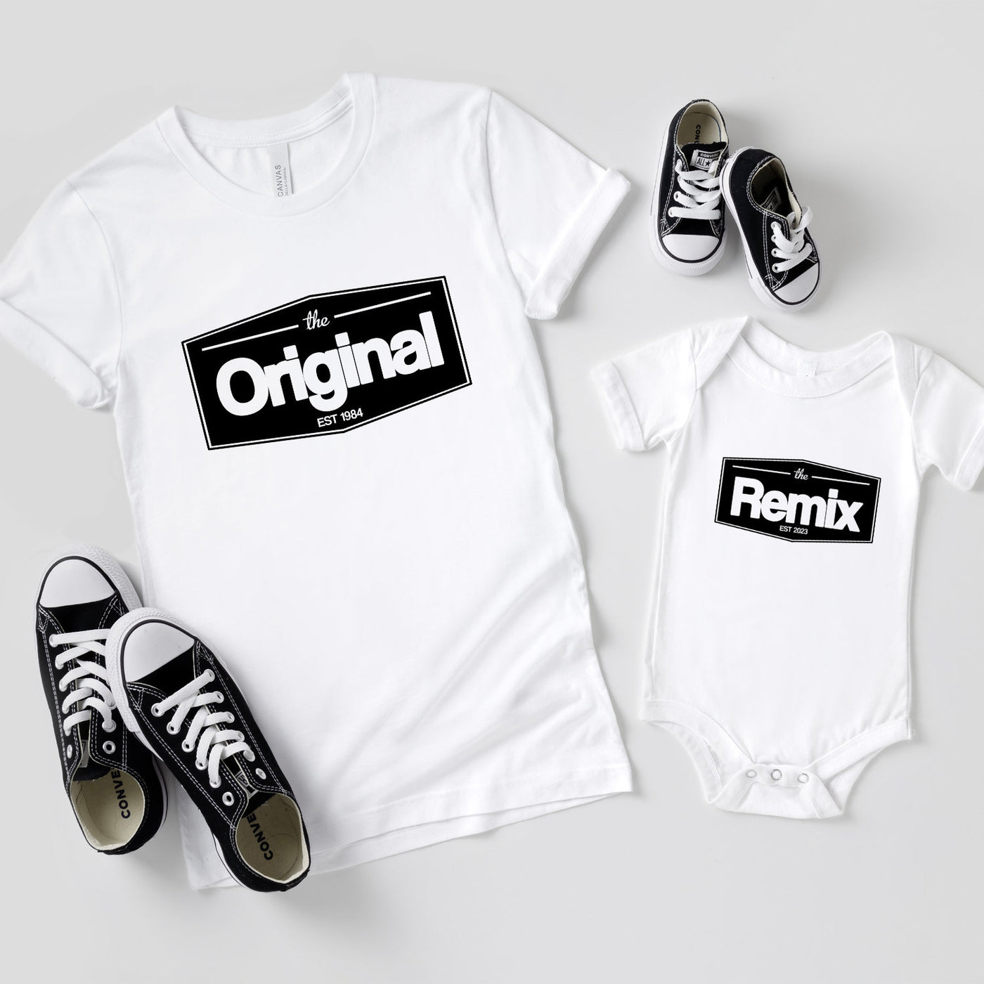 The Original The Remix Shirts Vater Sohn Partnerlook Mama Tochter Outfit Set Babybody bedruckt personalisiert Geschenk zur Geburt für Eltern