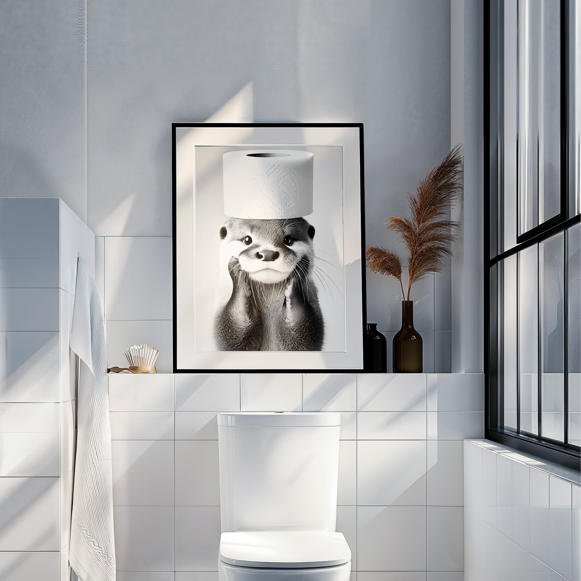 Otter Print Badezimmer Poster Otter Geschenk Hauskauf Badezimmer Bild Tier Wand Dekor Gäste WC Deko Otter schwarz weiß Bild Otter Klopapier