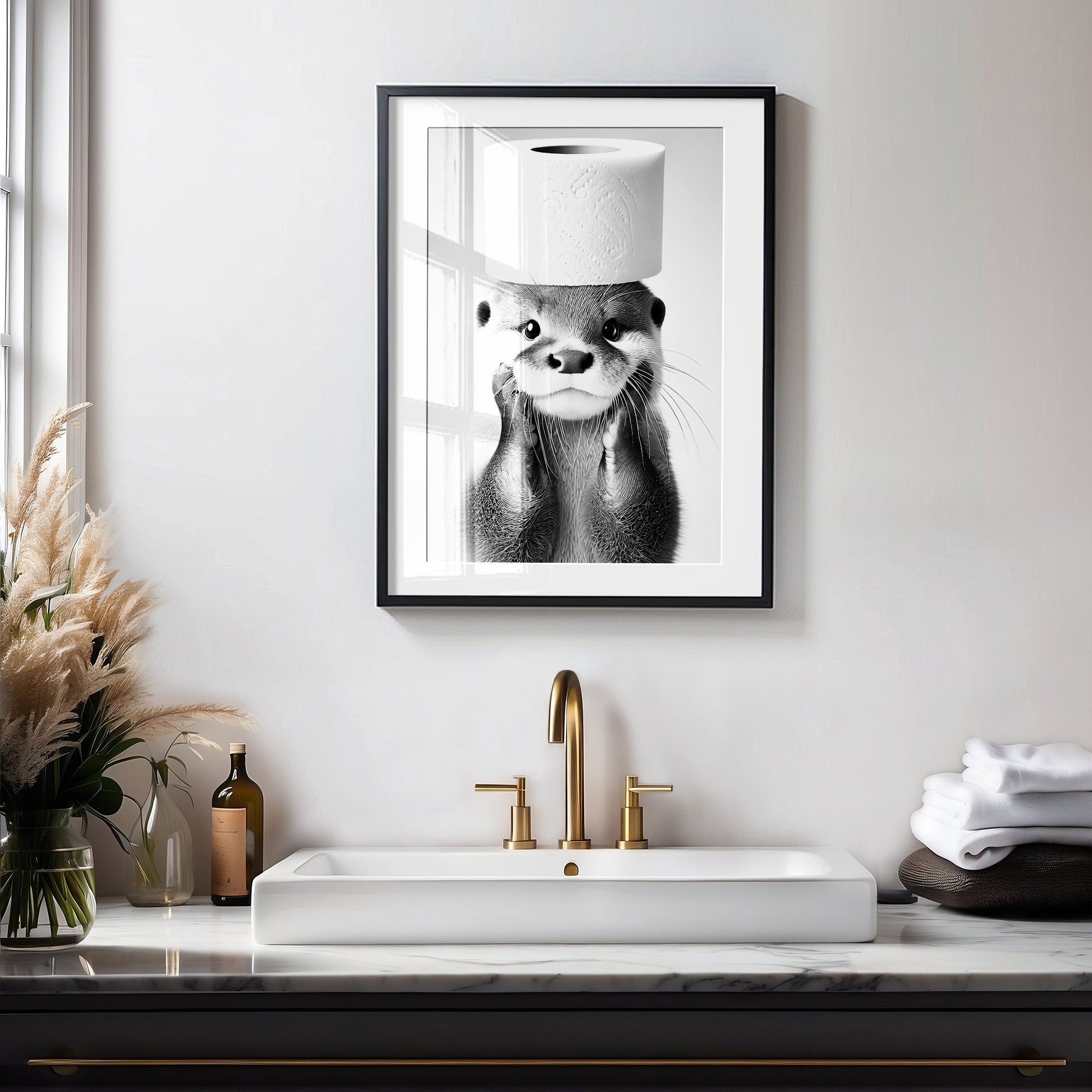 Otter Print Badezimmer Poster Otter Geschenk Hauskauf Badezimmer Bild Tier Wand Dekor Gäste WC Deko Otter schwarz weiß Bild Otter Klopapier