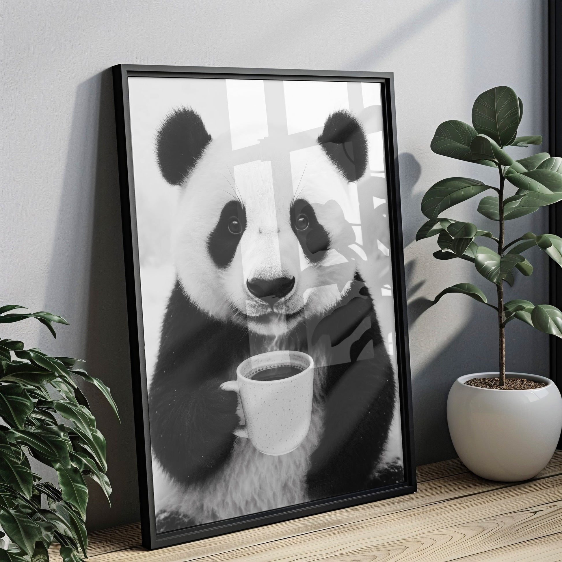 Panda trinkt Kaffee Poster - Küchenbild in Schwarz Weiß - Esszimmer Bild & Küchen Deko