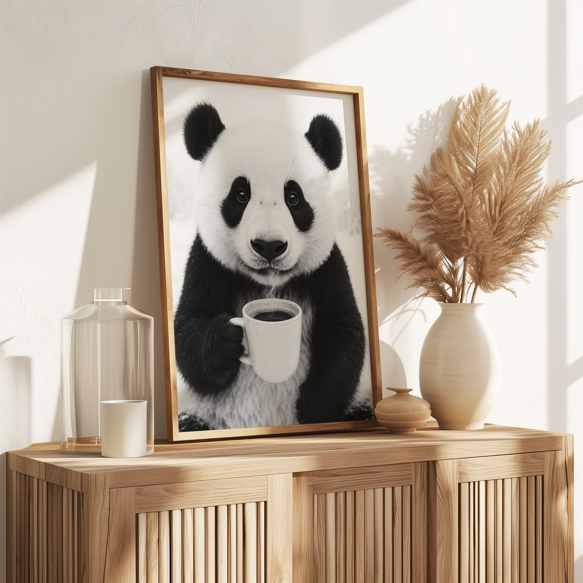 Panda trinkt Kaffee Poster - Küchenbild in Schwarz Weiß - Esszimmer Bild & Küchen Deko