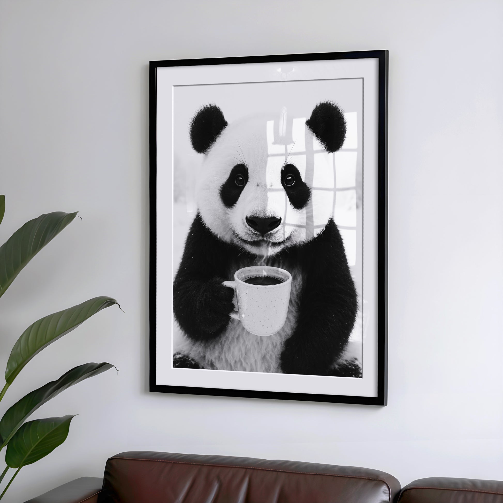 Panda trinkt Kaffee Poster - Küchenbild in Schwarz Weiß - Esszimmer Bild & Küchen Deko