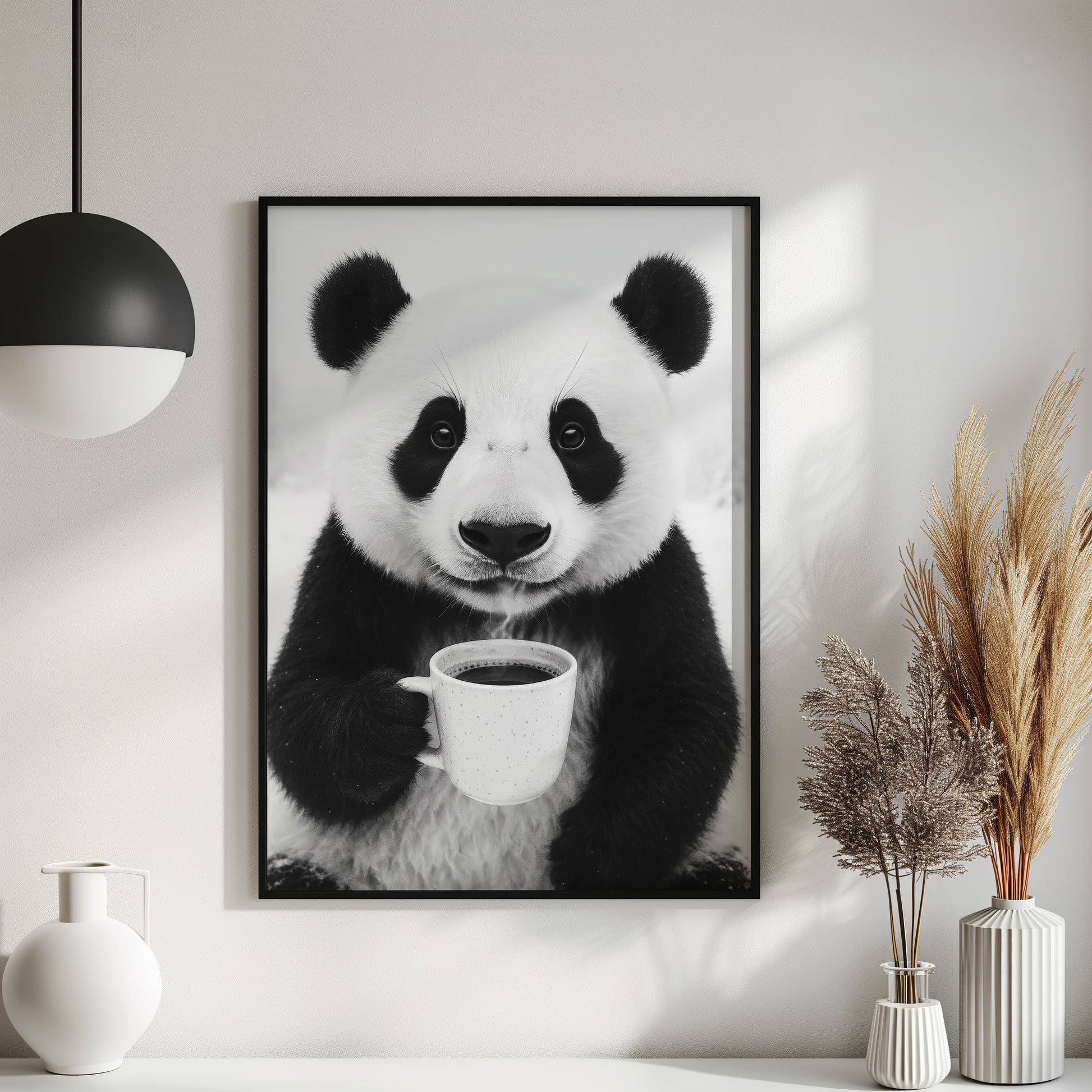 Panda trinkt Kaffee Poster - Küchenbild in Schwarz Weiß - Esszimmer Bild & Küchen Deko