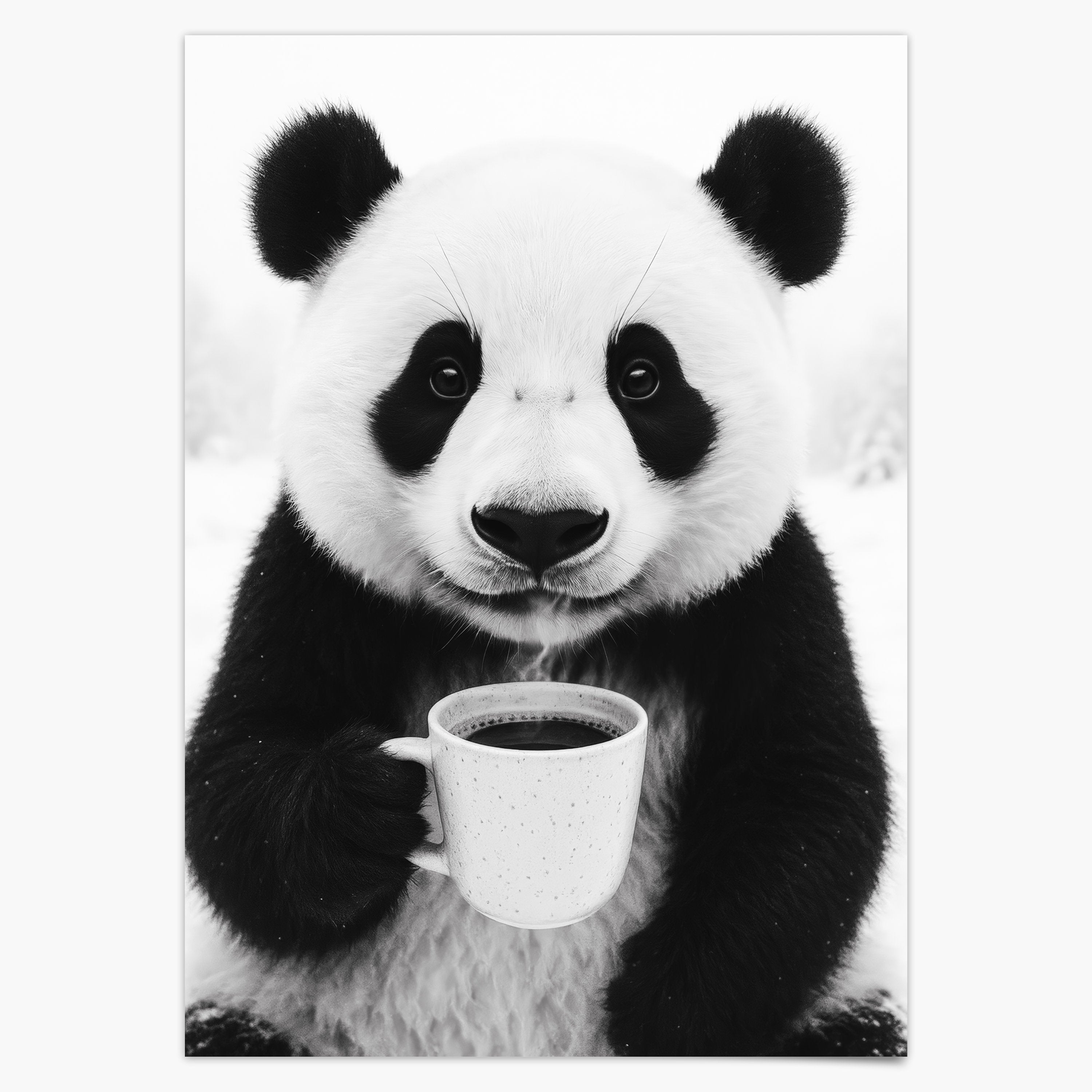 Panda trinkt Kaffee Poster - Küchenbild in Schwarz Weiß - Esszimmer Bild & Küchen Deko