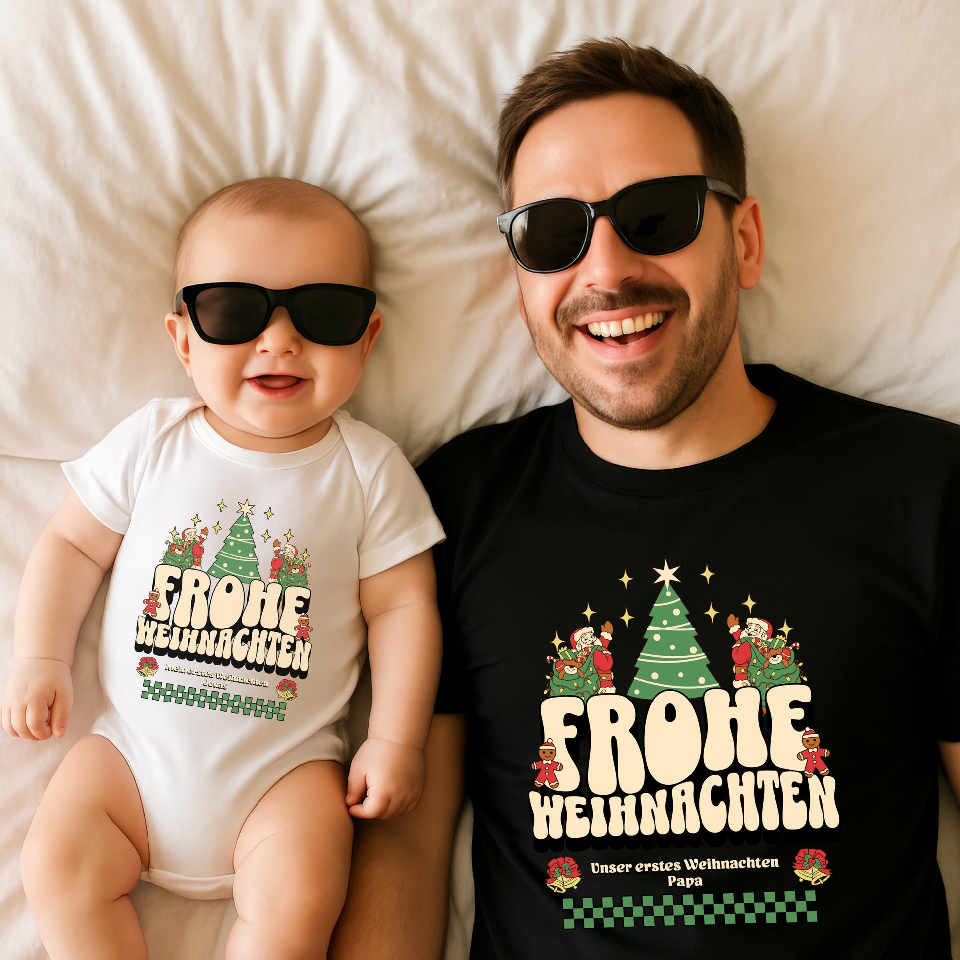 Familie im Partnerlook - Unser erstes Weihnachten Shirts Familienoutfit Festlich - Papa Babybody personalisiert T-Shirts Mama Tochter Outfit
