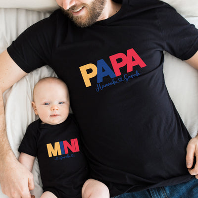 Papa Mama Mini Shirts mit Wunschnamen Vater Sohn Partnerlook Mutter Tochter Outfit Babybody bedruckt Schwangerschaft Ankündigung Unisex