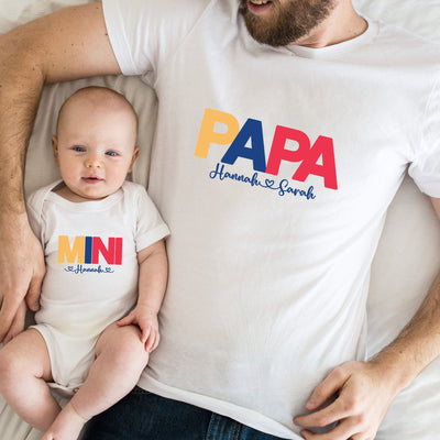 Papa Mama Mini Shirts mit Wunschnamen Vater Sohn Partnerlook Mutter Tochter Outfit Babybody bedruckt Schwangerschaft Ankündigung Unisex