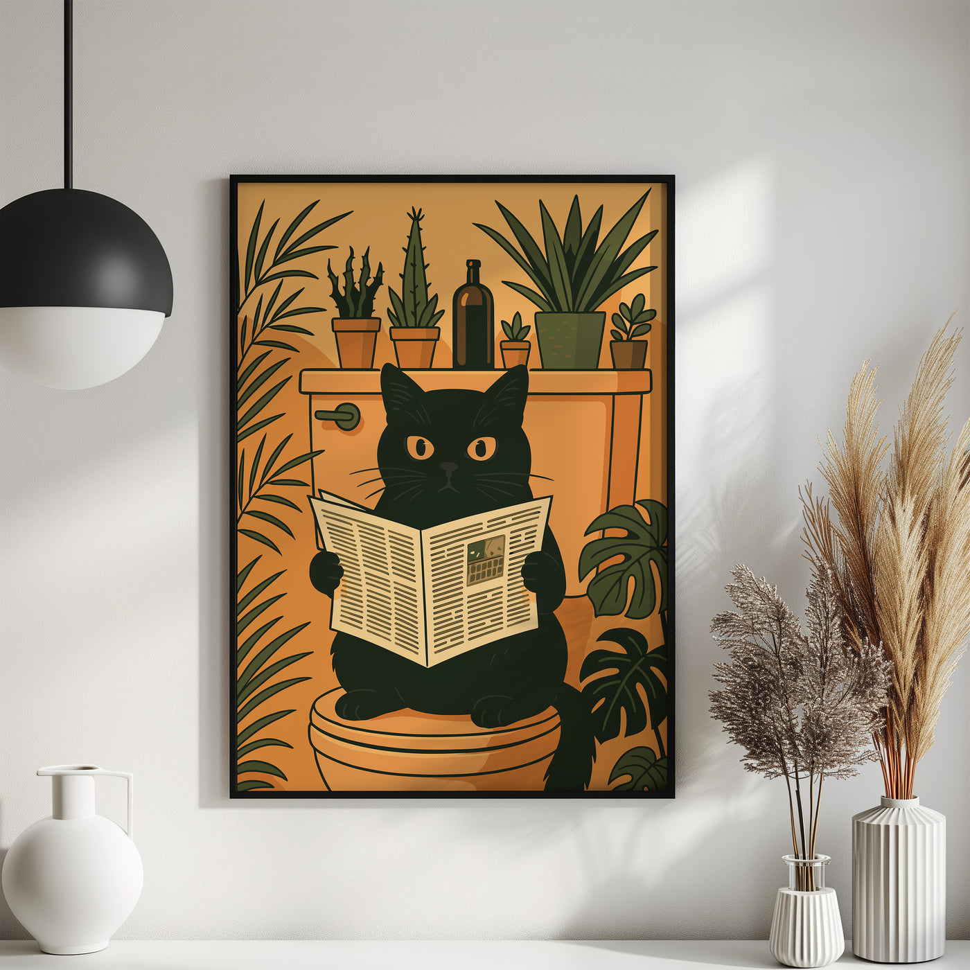 Katze liest Zeitung auf der Toilette - Badezimmer Poster Kunstdruck - Gäste WC Deko - Geschenk Einweihungsparty & Hausbau - Badezimmer Print