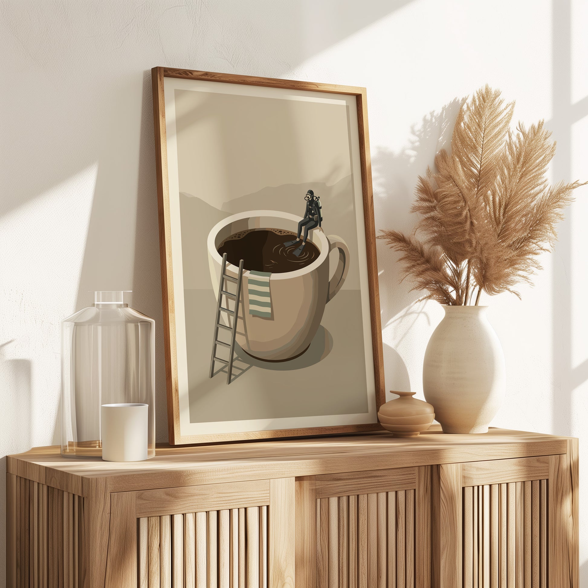 Taucher sitzt auf Kaffeetasse - Mid-Century Küchen Kaffee Poster Beige Minimalistisch