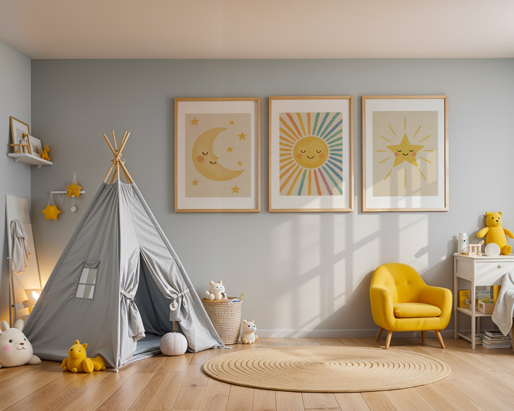 Poster Kinderzimmer Sonne, Mond, Sterne Bilder Babyzimmer Deko Boho 1, 2 oder 3er Set