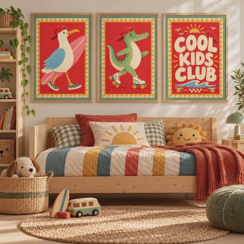 Kinderzimmer Poster Set Retro Bilder Tiere, Möwe Krokodil Schildkröte, Cool Kids Club Babyzimmer Deko Geschenk zur Geburt einzeln oder Set