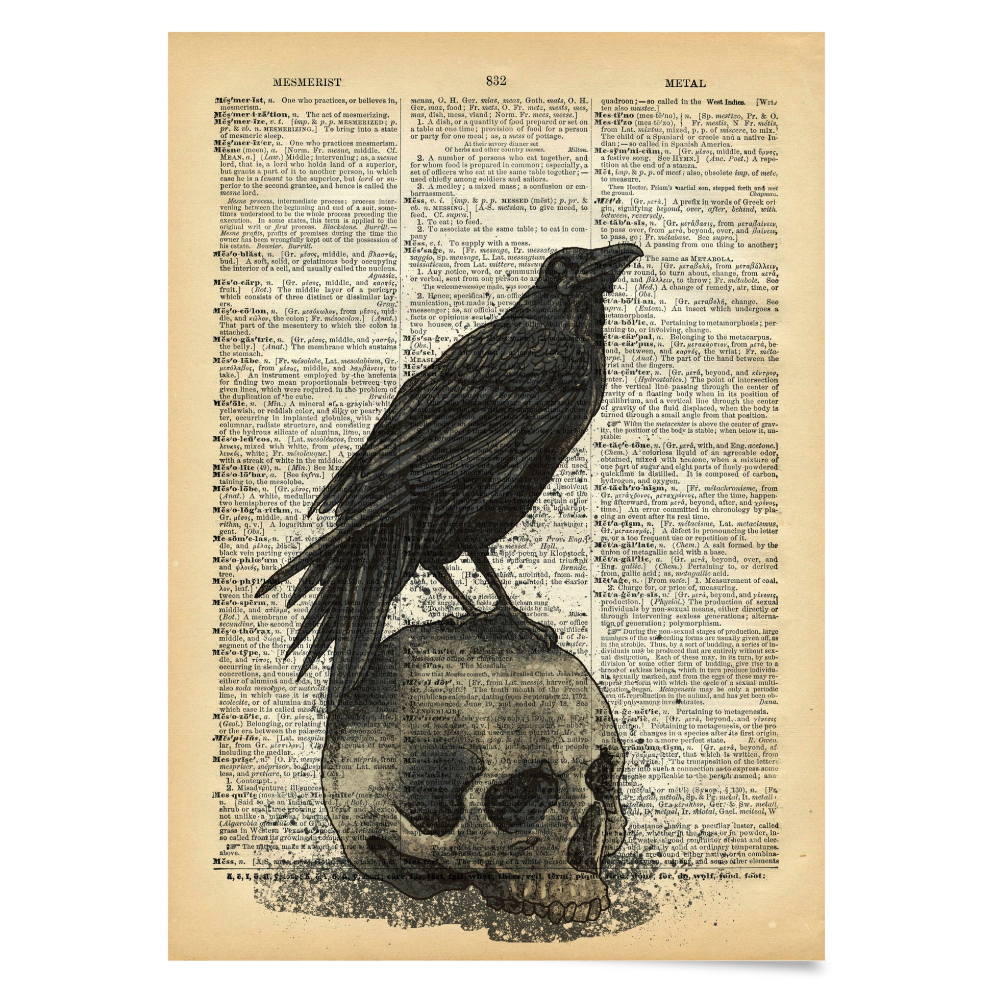 Vintage Poster Rabe auf Schädel Wörterbuch Kunstdruck Vintage Druck Rabe Poster Dictionary Art Print Raven Halloween Dekor Home Wandkunst