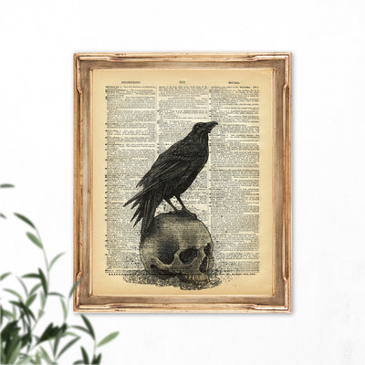 Vintage Poster Rabe auf Schädel Wörterbuch Kunstdruck Vintage Druck Rabe Poster Dictionary Art Print Raven Halloween Dekor Home Wandkunst