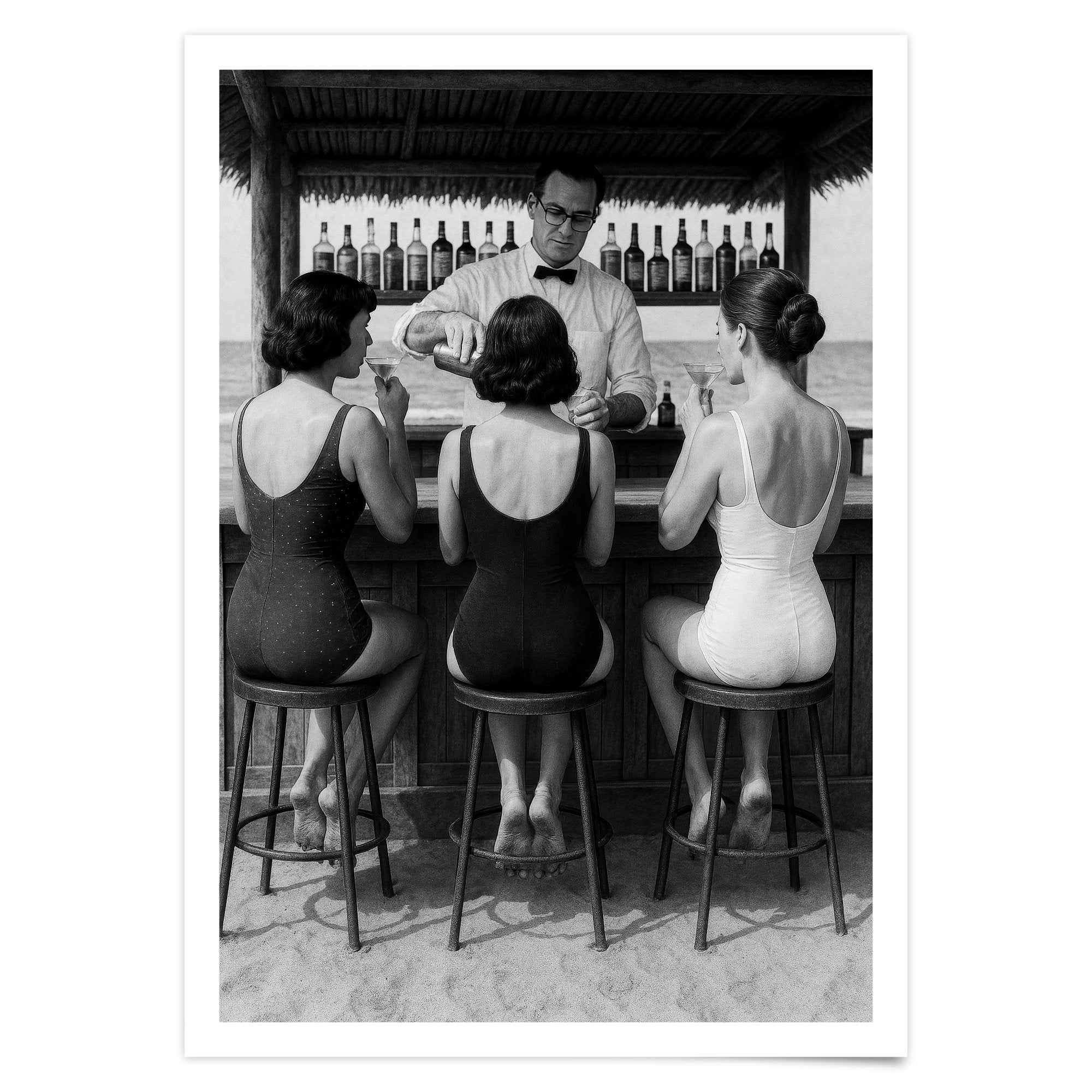 Frauen trinken Cocktails an der Bar Vintage Poster Wandkunst, schwarz weiß Druck, drei Freunde Vintage Bild, Alkohol Kunst, Retro Poster Art