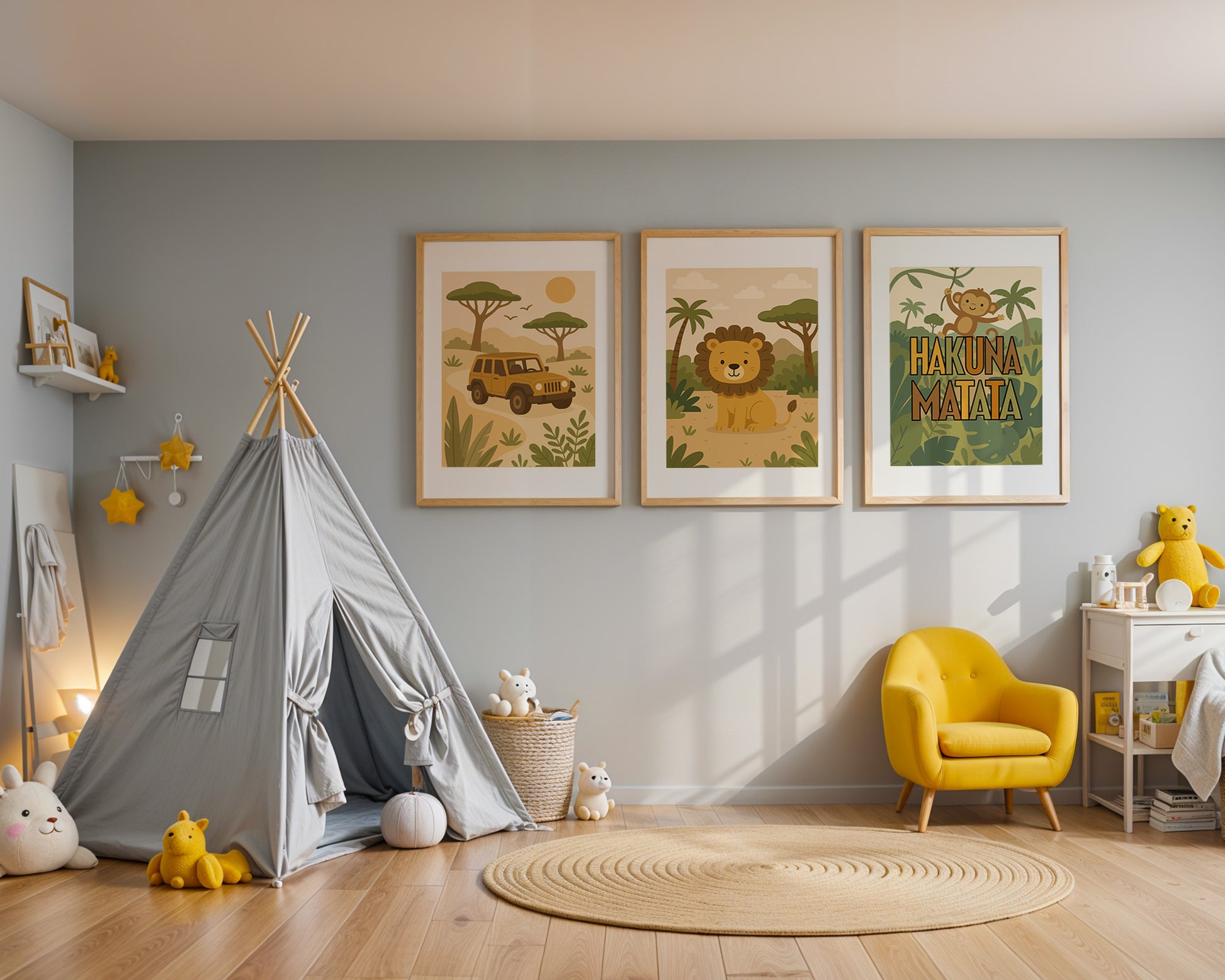 Safari Poster Personalisiert mit Namen für Kinderzimmer, Bilder Löwe, Giraffe, Geländewagen, Hakuna Matata - Einzeln oder als SET