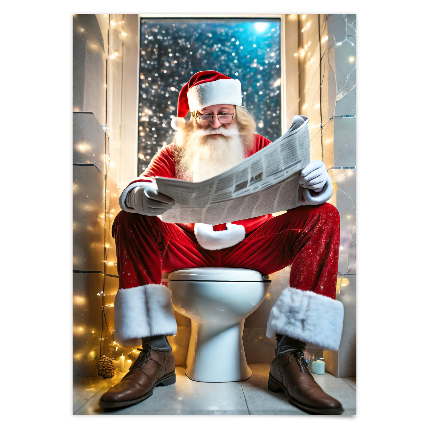 Weihnachtsmann auf Toilette Poster Gäste WC Bild Weihnachten Deko Wohndeko Wanddeko Poster Weihnachten Weihnachtsmann liest Zeitung auf Klo