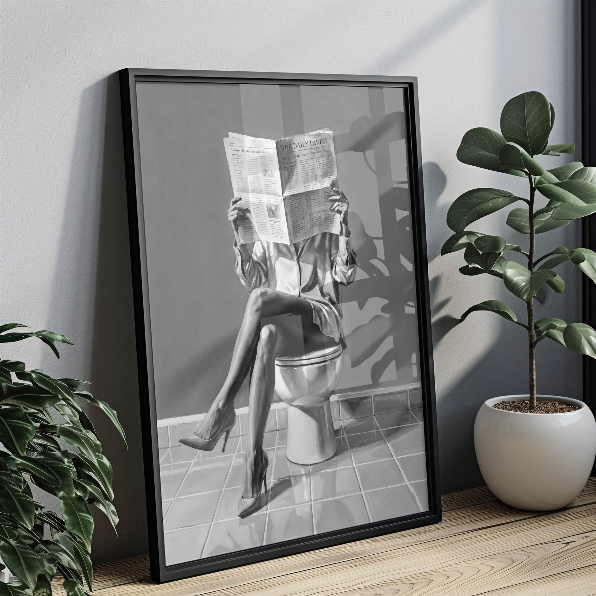 Schwarz Weiß Poster Badezimmer Ölgemälde Frau  in High Heels liest Zeitung auf Toilette
