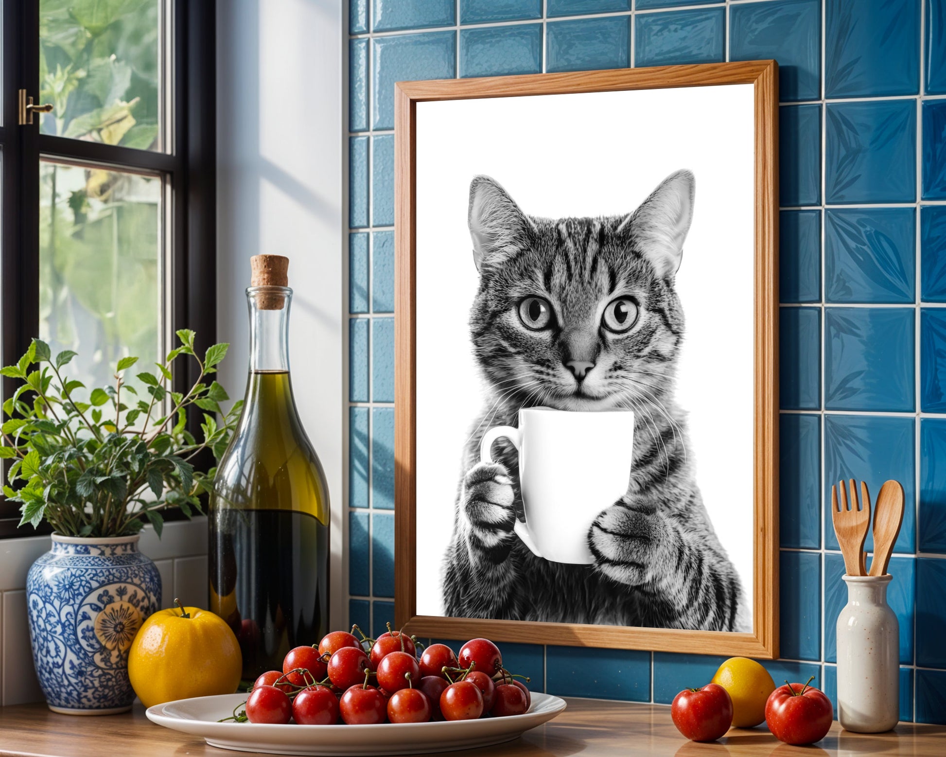 Küchenposter witzig Küchen Print Katze trinkt Kaffee Bild für die Küche Deko Wand Schwarz Weiß Poster Kaffee Geschenk Katzenliebhaber Bild